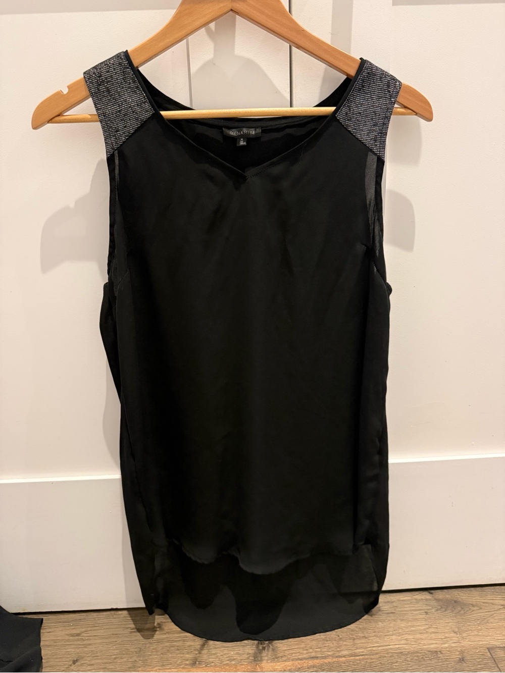 Dynamite Black Sleeveless V-Neck Camisole with Silver Metallic Shoulders